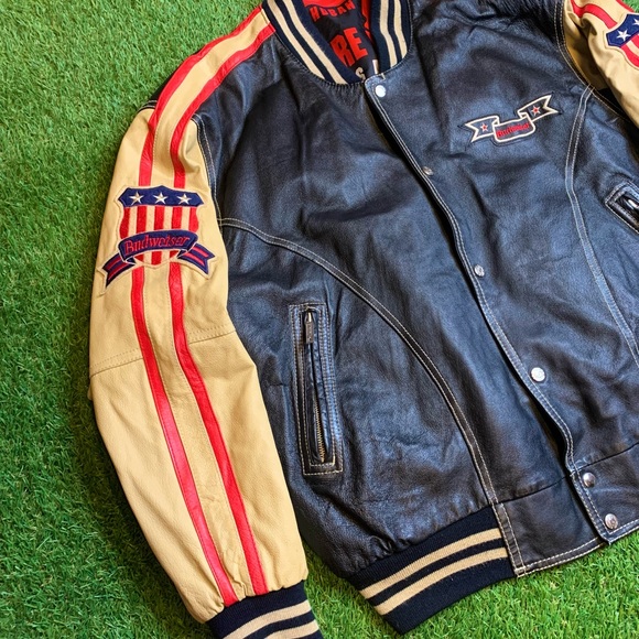 RARE Vintage Michael Hoban Where MI Budweiser USA Flag Leather Bomber Jacket - Picture 3 of 12